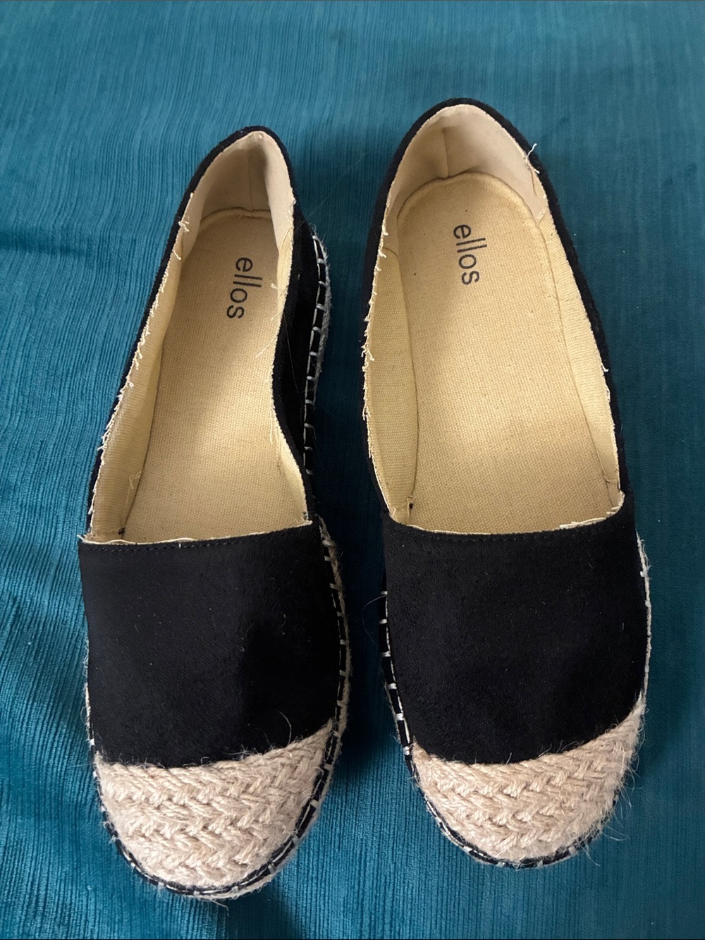 ellos Black Canvas Espadrille Flats with Natural Braided Toe SZ 8 W